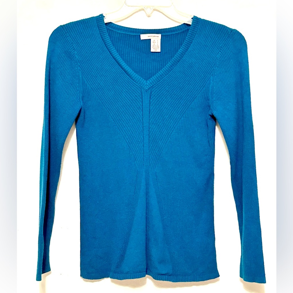 DKNY Long Sleeve V Neck Knit Ribbed Turquoise Shirt Top Blouse L